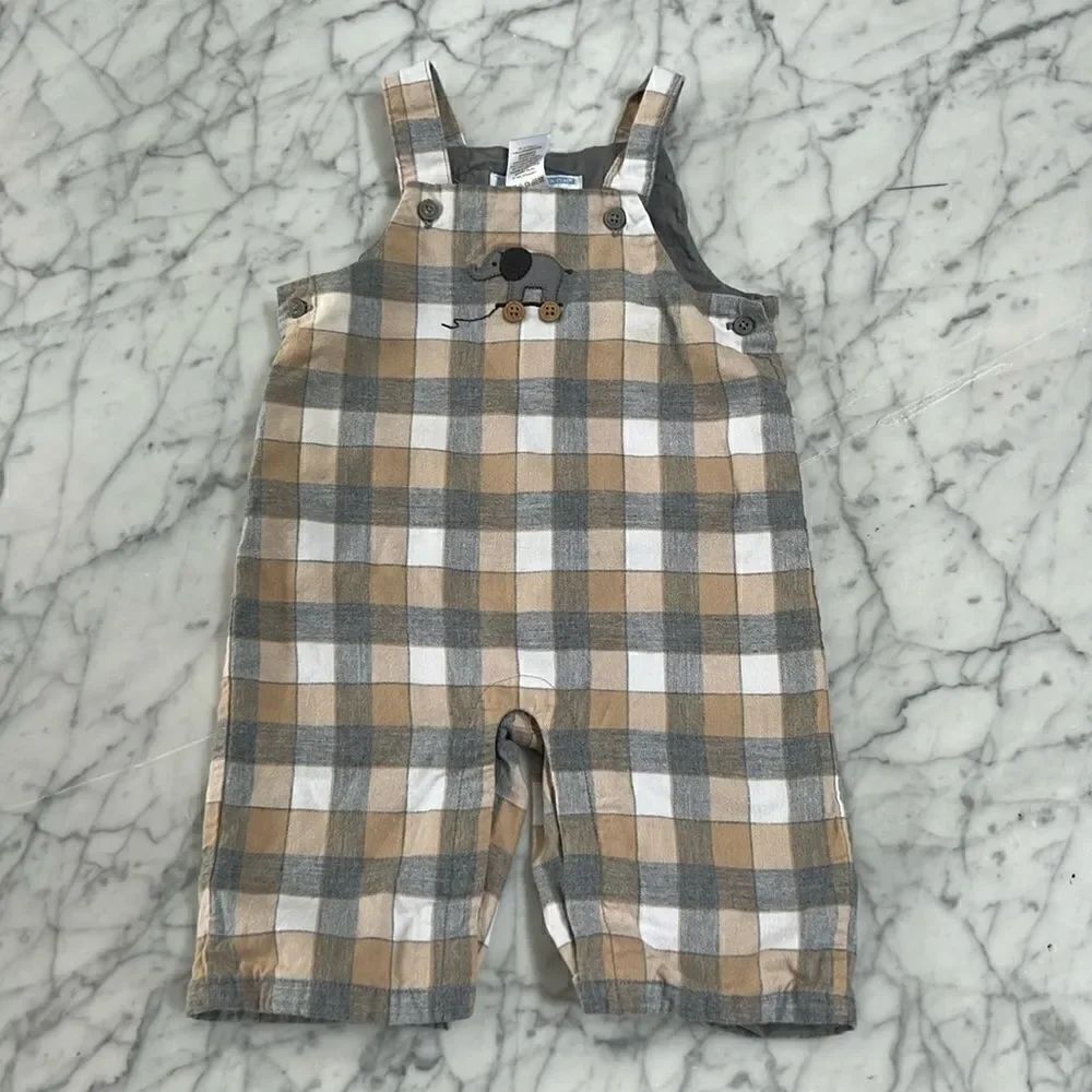 Janie and Jack Elephant Plaid Romper Sz 0-3 Mo